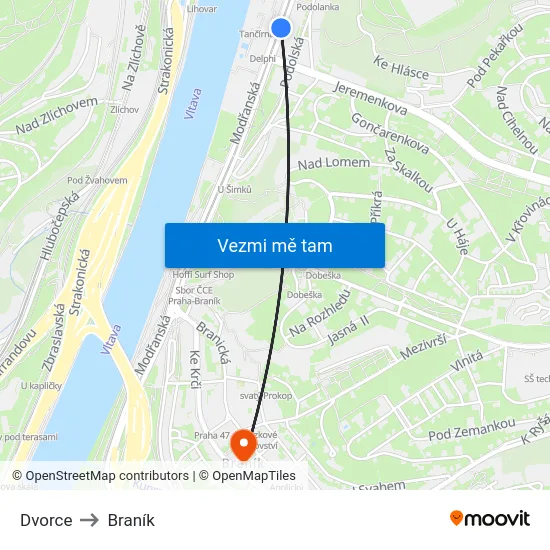 Dvorce to Braník map