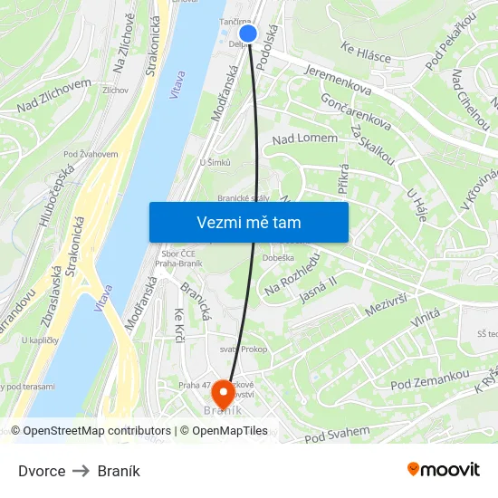 Dvorce to Braník map