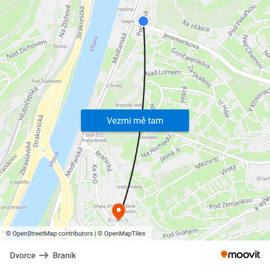 Dvorce to Braník map