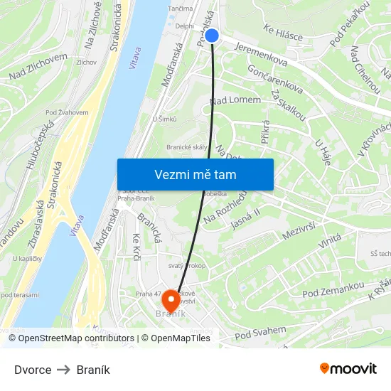 Dvorce to Braník map