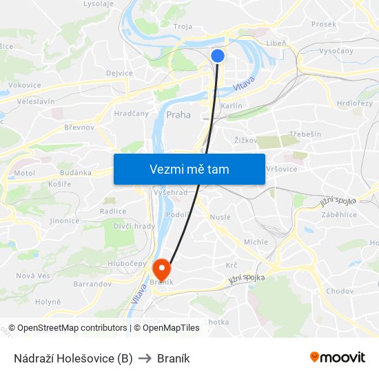 Nádraží Holešovice (B) to Braník map