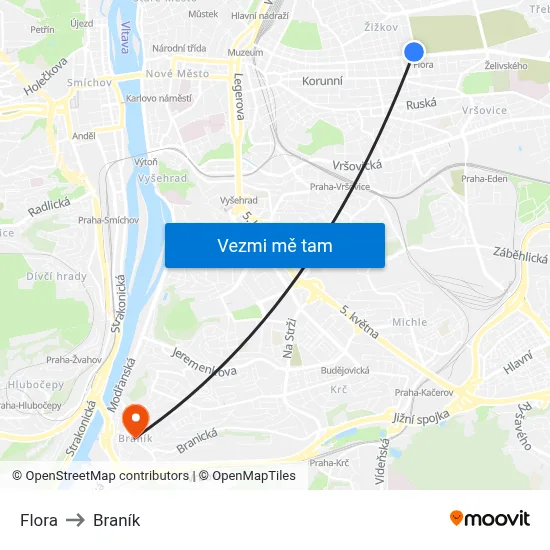 Flora to Braník map
