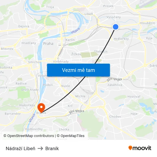 Nádraží Libeň to Braník map