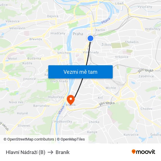 Hlavní Nádraží (B) to Braník map