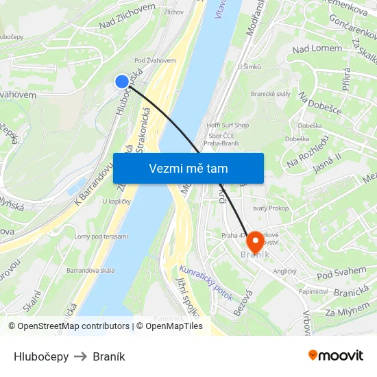 Hlubočepy to Braník map