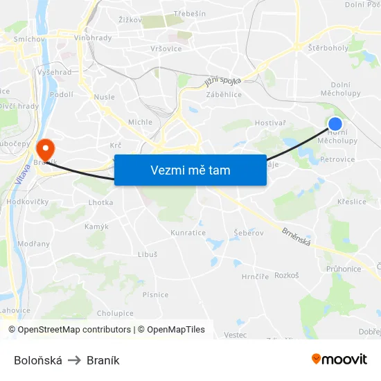 Boloňská to Braník map