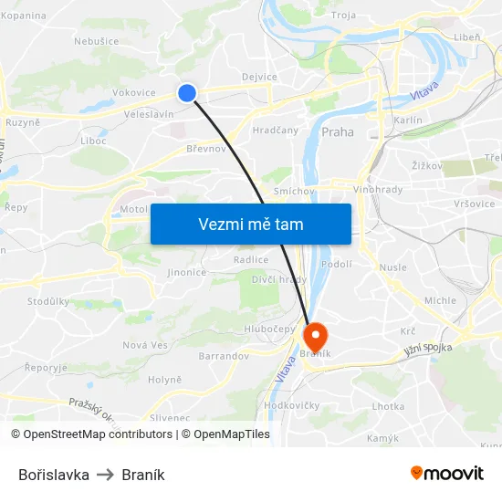 Bořislavka to Braník map