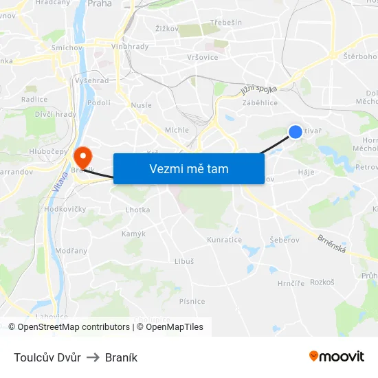 Toulcův Dvůr to Braník map