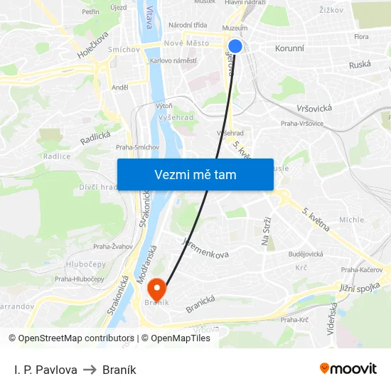I. P. Pavlova to Braník map
