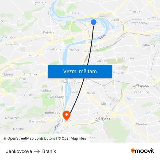 Jankovcova to Braník map