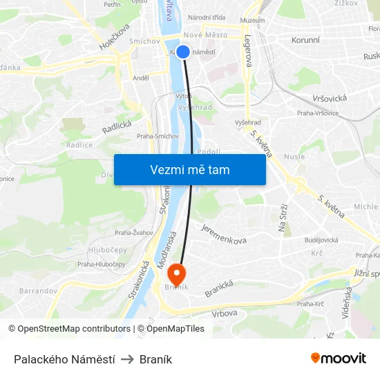 Palackého Náměstí to Braník map