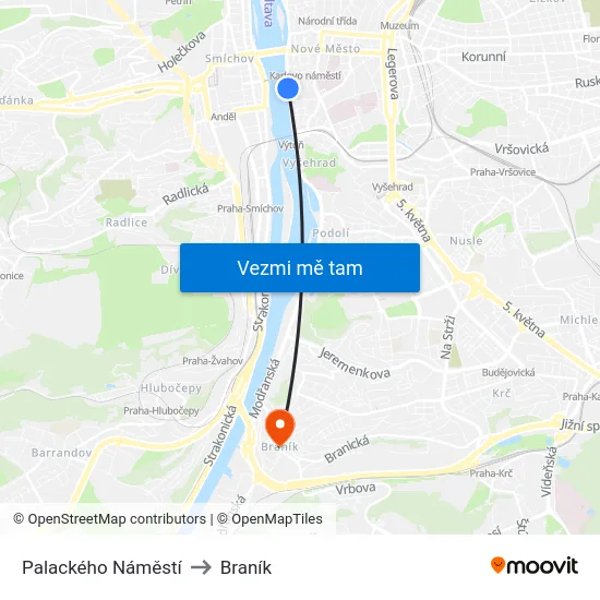 Palackého Náměstí to Braník map