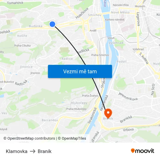 Klamovka to Braník map