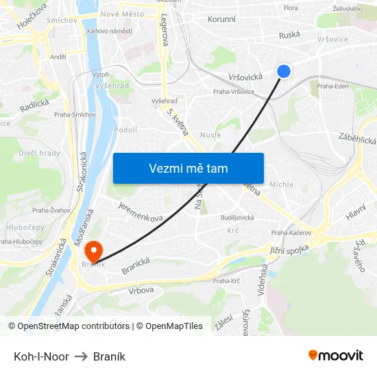 Koh-I-Noor to Braník map