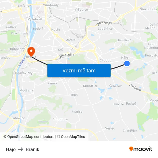 Háje to Braník map