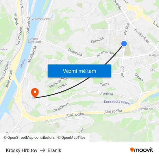 Krčský Hřbitov to Braník map