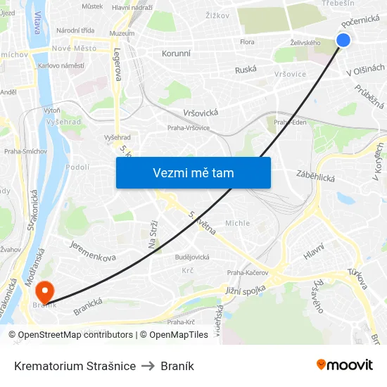 Krematorium Strašnice to Braník map
