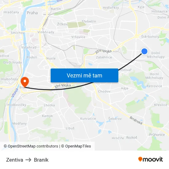 Zentiva to Braník map