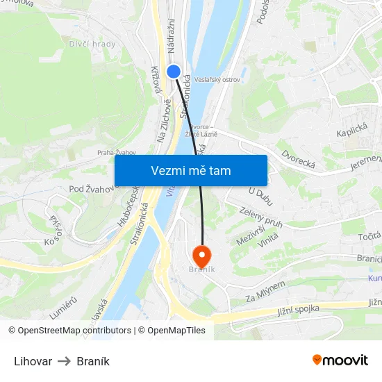 Lihovar to Braník map