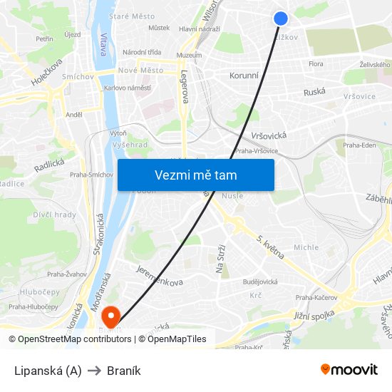 Lipanská (A) to Braník map