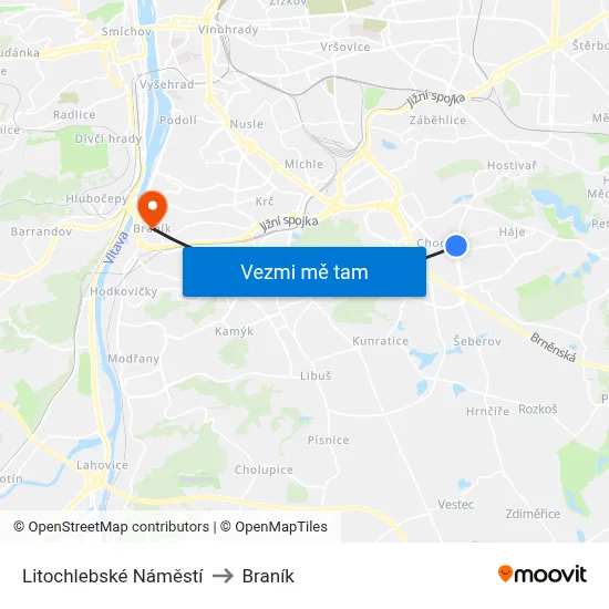 Litochlebské Náměstí to Braník map