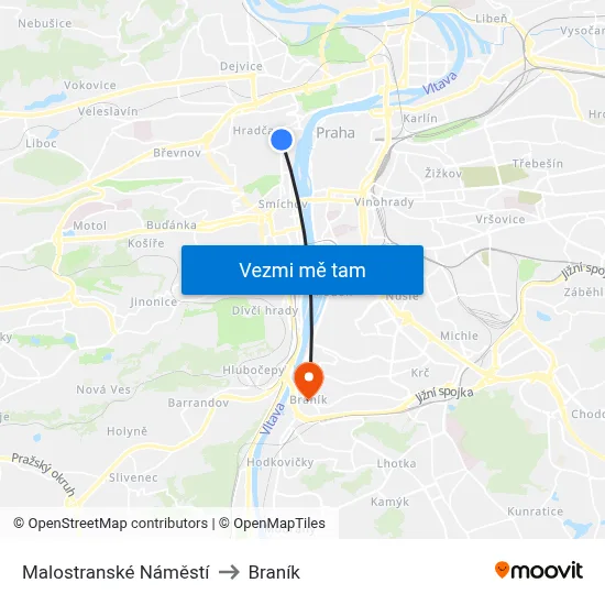 Malostranské Náměstí to Braník map