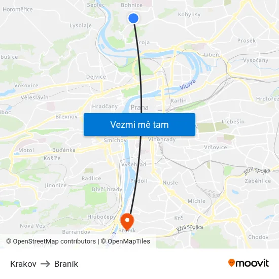 Krakov to Braník map