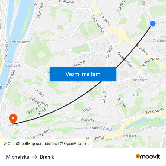 Michelská to Braník map