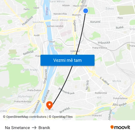 Na Smetance to Braník map