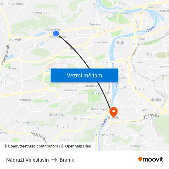 Nádraží Veleslavín to Braník map