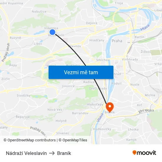 Nádraží Veleslavín to Braník map