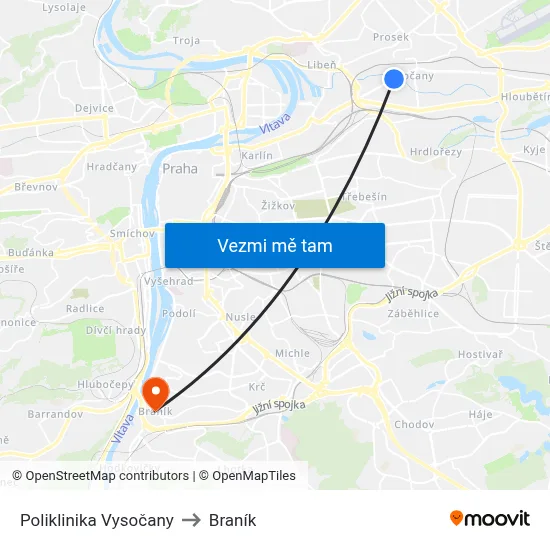 Poliklinika Vysočany to Braník map