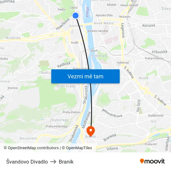 Švandovo Divadlo to Braník map
