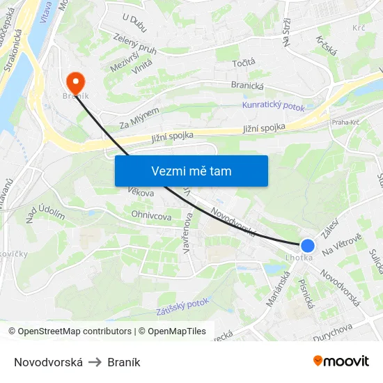 Novodvorská to Braník map