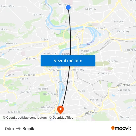 Odra to Braník map