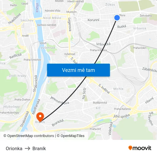 Orionka to Braník map