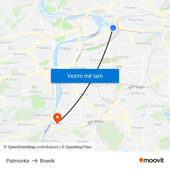 Palmovka to Braník map