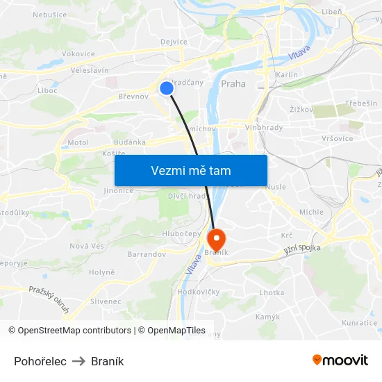 Pohořelec to Braník map