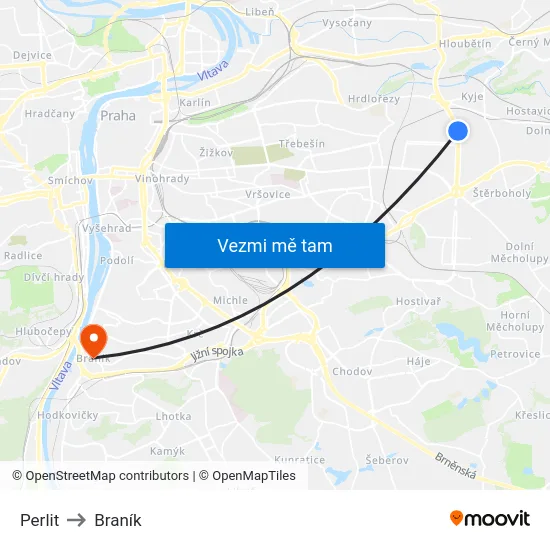 Perlit to Braník map