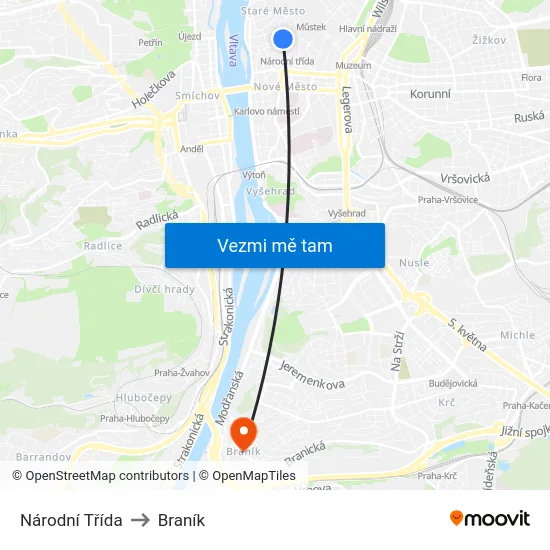 Národní Třída to Braník map