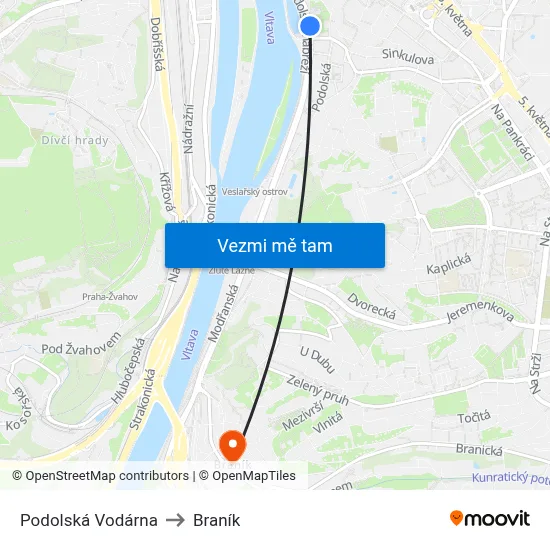 Podolská Vodárna to Braník map