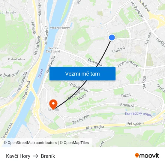 Kavčí Hory to Braník map