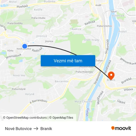 Nové Butovice to Braník map