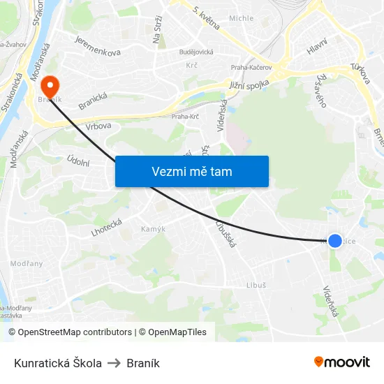 Kunratická Škola to Braník map