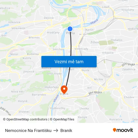 Nemocnice Na Františku to Braník map