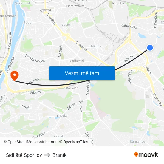 Sídliště Spořilov to Braník map