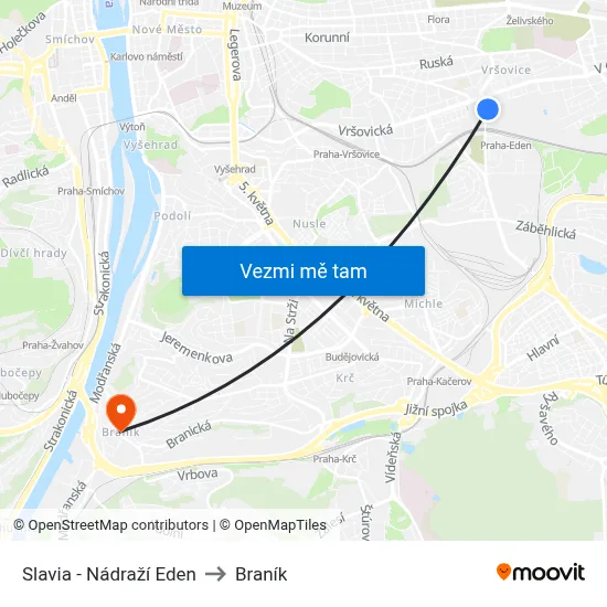 Slavia - Nádraží Eden to Braník map
