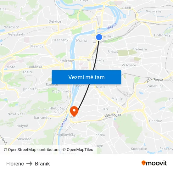 Florenc to Braník map