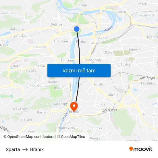 Sparta to Braník map