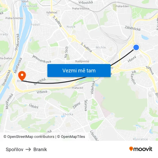 Spořilov to Braník map